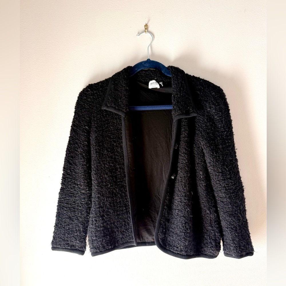 Armani Collezioni Black Soft Wool Blend Teddy Textured Blazer Jacket